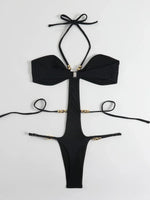 Extreme String Mini Micro Thong Women Swimwear One Piece Swimsuit Female Metal Beads Monokini Halter Bathing Suit Swim Bodysuit
