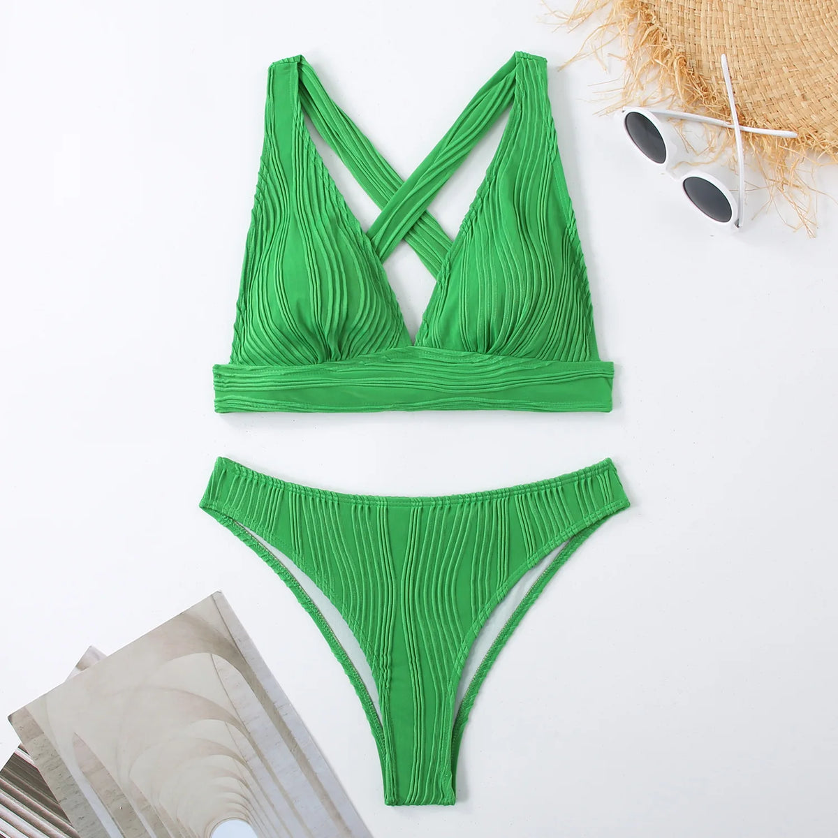 Wrinkled Crinkled Cross Back Bikini Women Swimwear Female Swimsuit Two-pieces Bikini Set High Cut Bathing Suit Swim Beach Wear