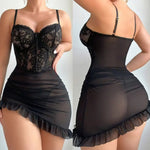Sexy Transparent Lace Patchwork Pajamas +Thongs Camisola Lingerie Nighty Underwire Bra Set Women's Nightgowns Sexy Nightwear
