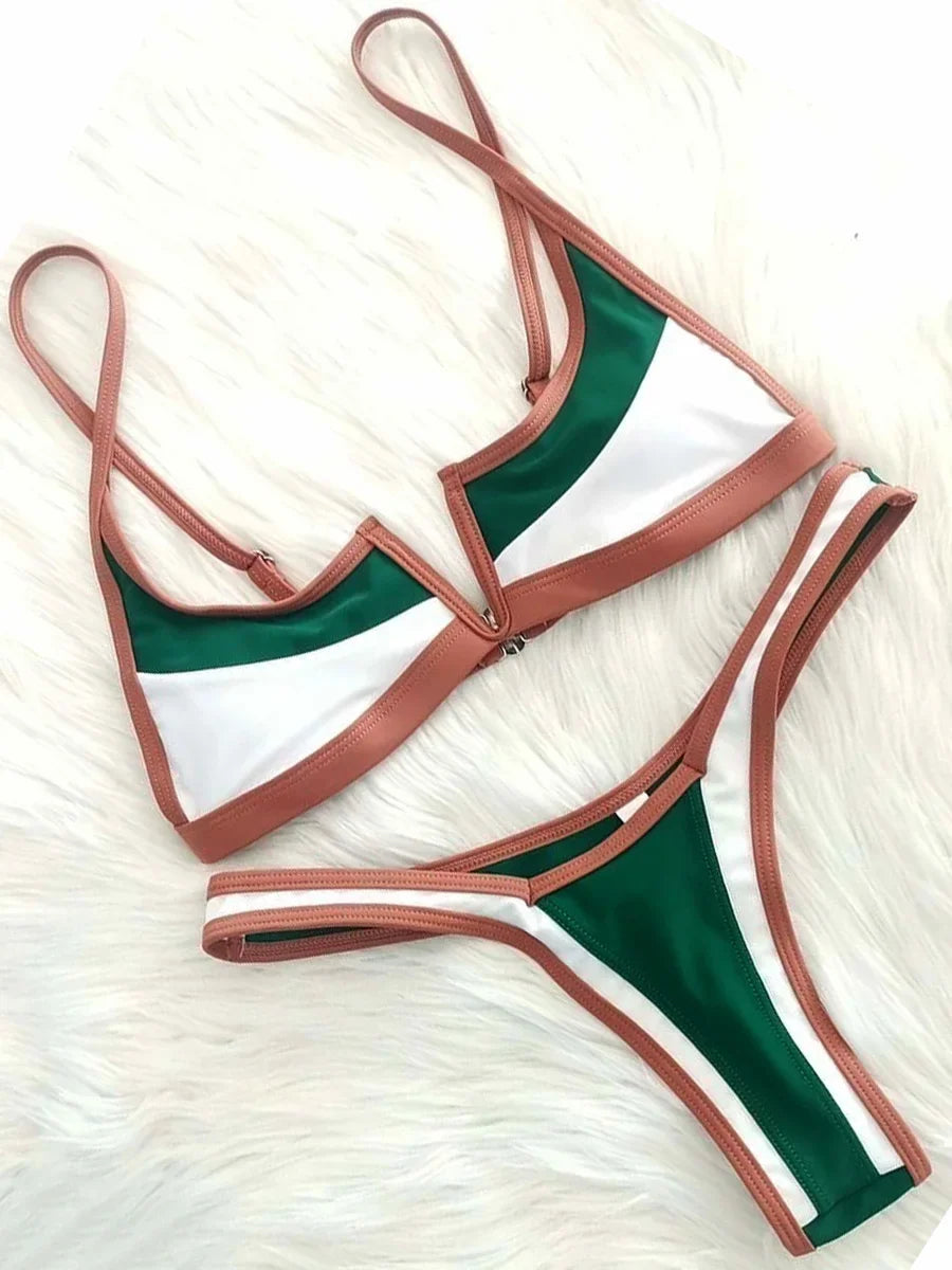 S - XL Splicing V Shaped Thong Bikini Women Swimsuit Female Swimwear Two Pieces Bikini Set Bather Push Up Bathing Suit Swim Lady