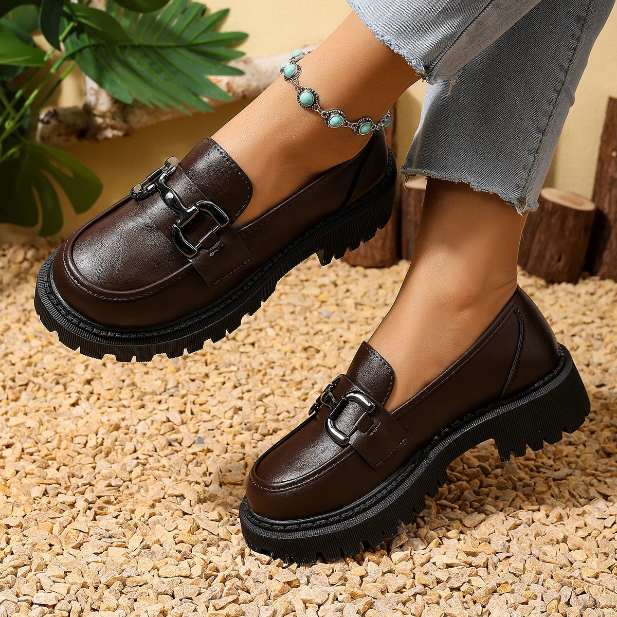 Women Metal Buckle Platform Loafer Shoes Slip On Chunky Lug Sole Round Toe Vintage Preppy Casual Dress Shoes