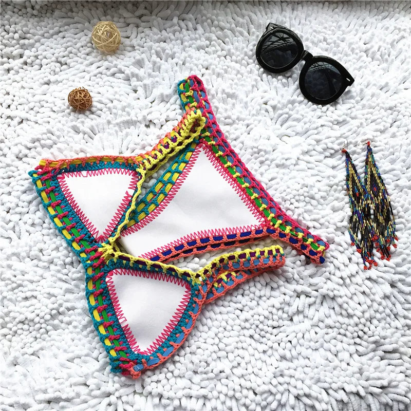 Bikini Crochet 2026 Handmade Knit Patchwork Reversible 2 Piece Swimsuit Women Halter Top Brazilian Bathing Suit Thong Swimwear