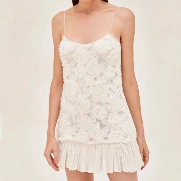 2025 Summer Lady New 3D Flower White Mini Chiffon Dresses Sexy Backless Simple Elegant Fashion Ladies Slim Holiday Party Outfits