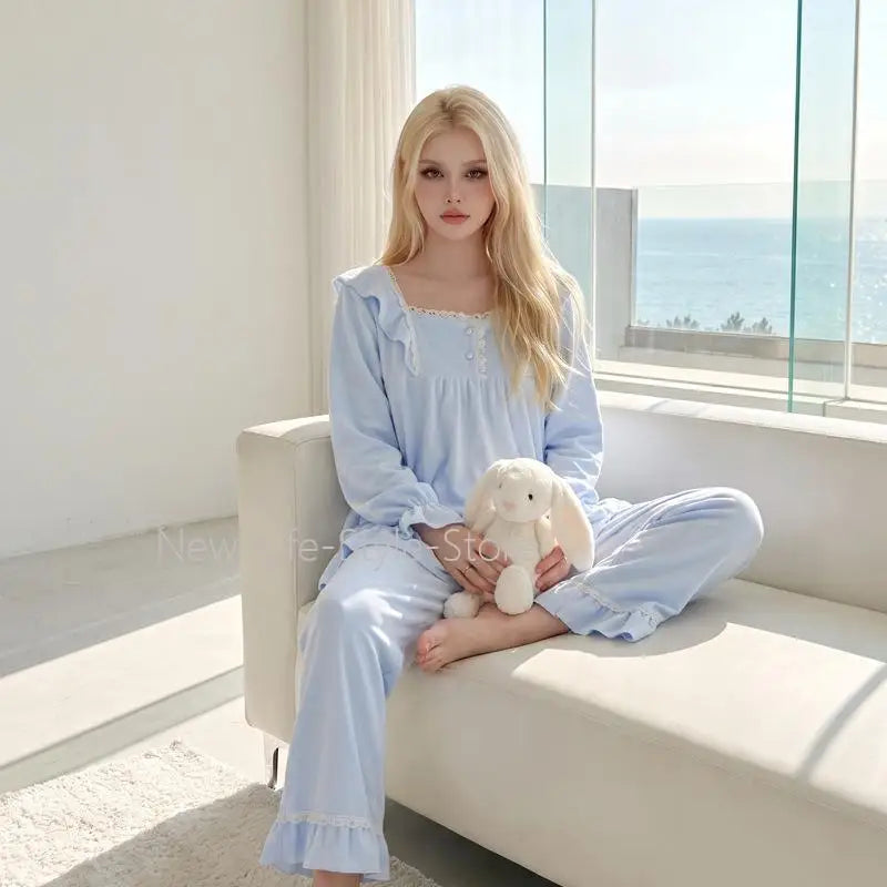 Women Island Fleece Pajama Set, Autumn Winter Sweet Girl Style Cute Double-Sided Fleece Warm Long Sleeve Long Pants Loungewear