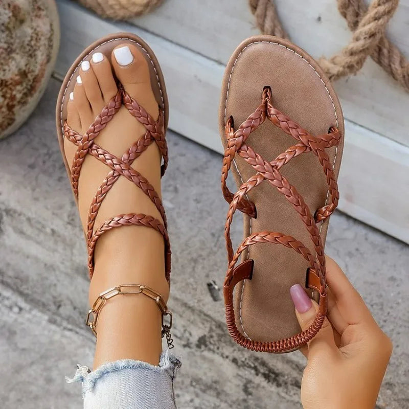 Women Beach Woven Hollow Sandals Women Flats Casual Clip Toe Sandals Summer 2026New Fashion Walking Zapatos Dress Femme Slides
