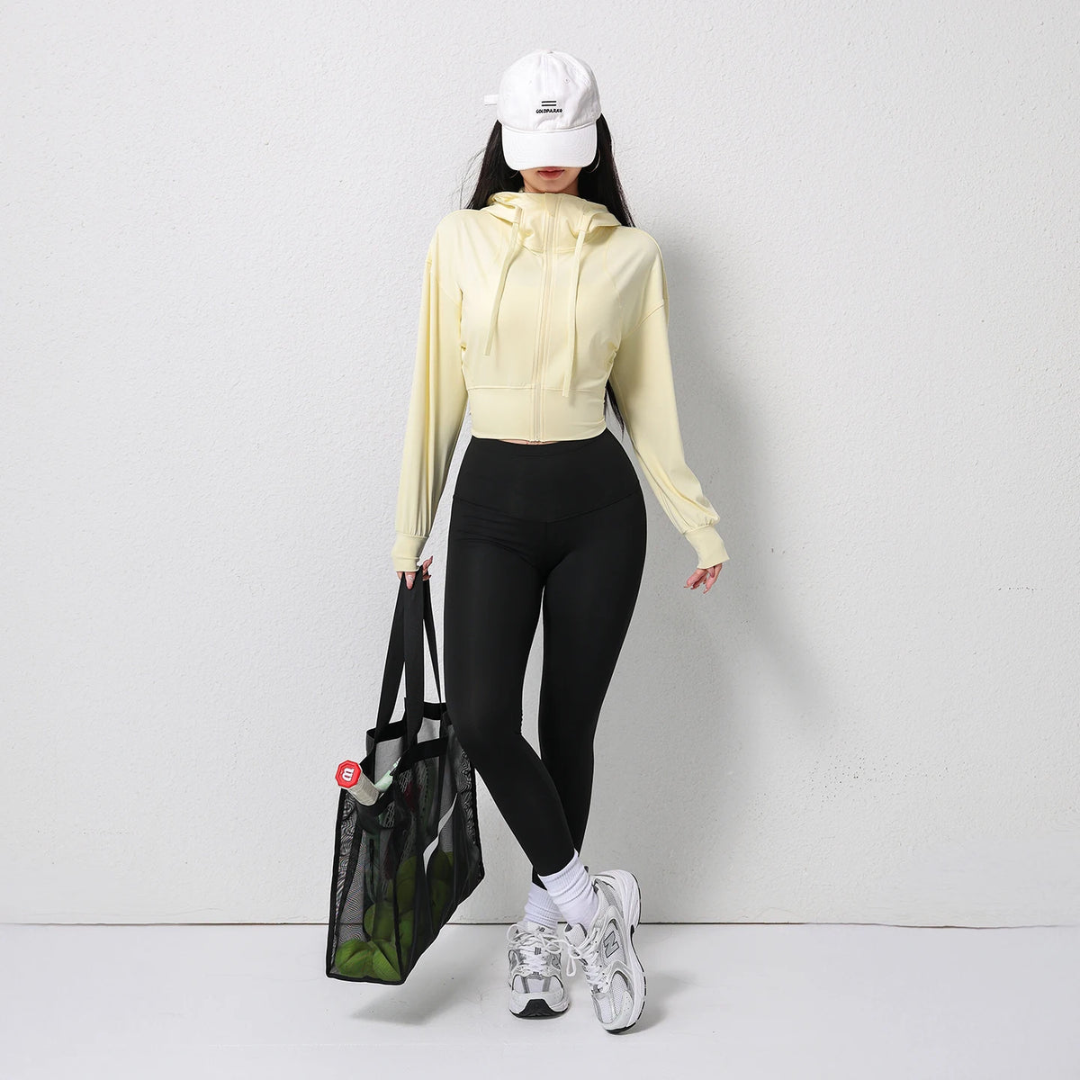 Women Cropped Zip Up Hoodie Loose Long Sleeve Drawstring Hooded Jacket Casual Yoga Workout Sports Coat