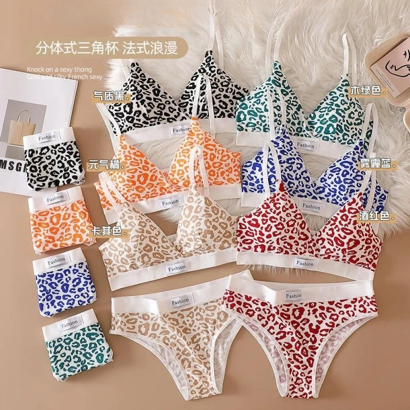 Women Push-Up Bra And Panties Set V-neck Non-wire Bra Low Waist Briefs Female Sexy Lingerie Cotton Leopard Print Underwear Set