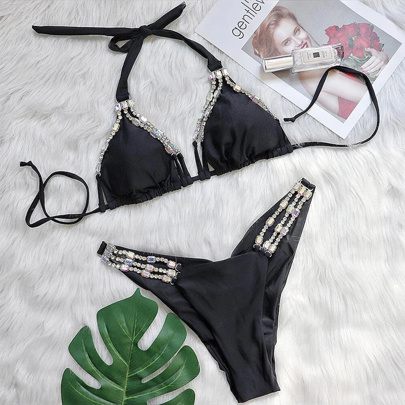 DEKA Women Diamond Bikini Set Brazilian Crystal Push Up String Bandage Swimwear Triangle Swimsuit Thong Biquini Beachwear
