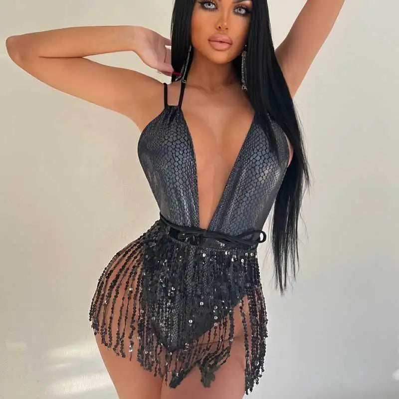 New Shiny One Piece Swimsuit Sexy White Snakeskin Print Deep V Neck Swimwear Backless Bathing Suit Sequin Tassel Skirt Monokini