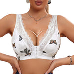 Women Lace Trim Butterfly Print Front Closure Wireless Bralette Comfortable Breathable Brassiere Plus Size Padded Push Up Bras