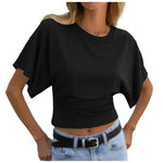 Y2k Solid Cotton O-Neck Ruched Waist Short Top Women Short-Sleeved Loose T-Shirt Causal All-Match Short Summer Basic T Shirts