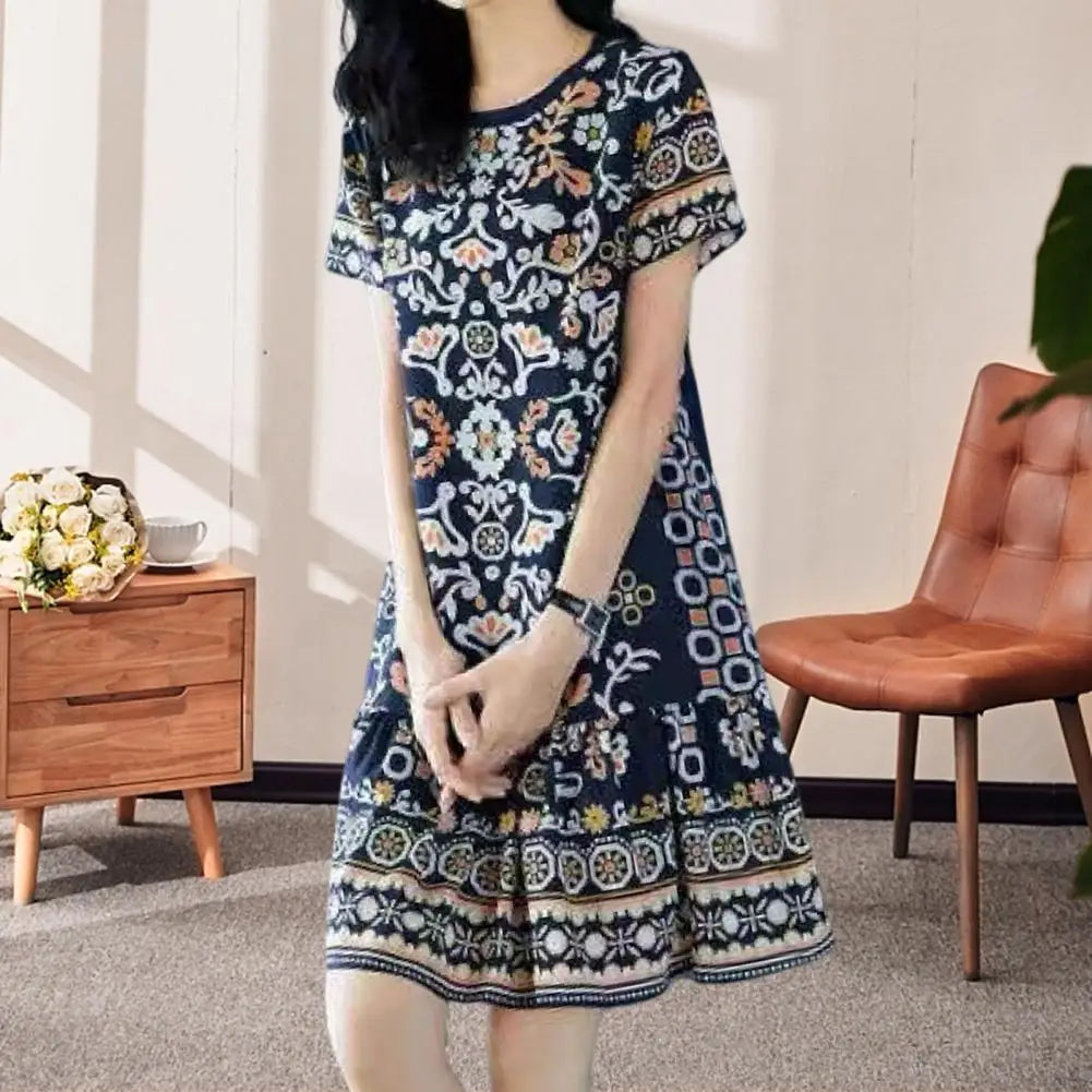 Summer Women Dress Half Sleeves Round Neck Retro Print A-line Big Hem Knee Length Loose Casual Daily Wear Vacation Midi Dress