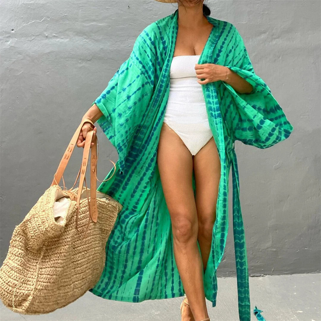 New 10 Colors Printed Long Sleeve With Belt Tunic Beach Cover Up Cover-ups Beach Dress Beach Wear Beachwear Female Women V4521