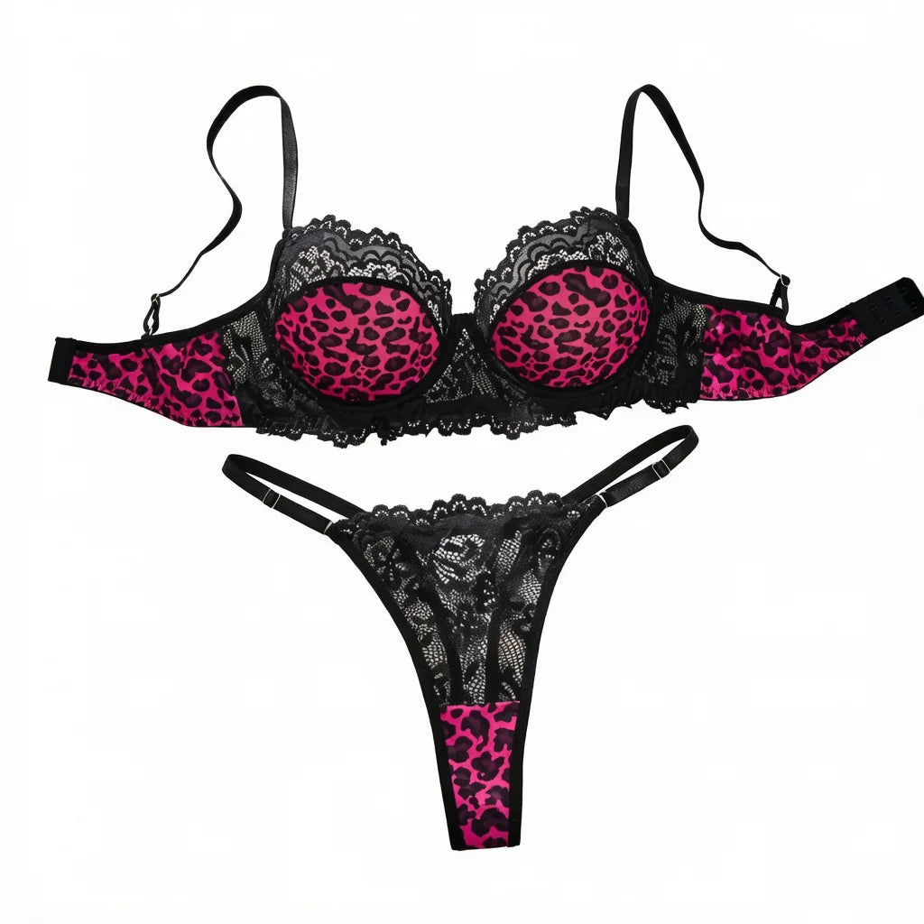 Hot Pink Leopard Print Lace Lingerie Set Underwire Bra With Matching Thong Women Sexy Intimates ZA825182