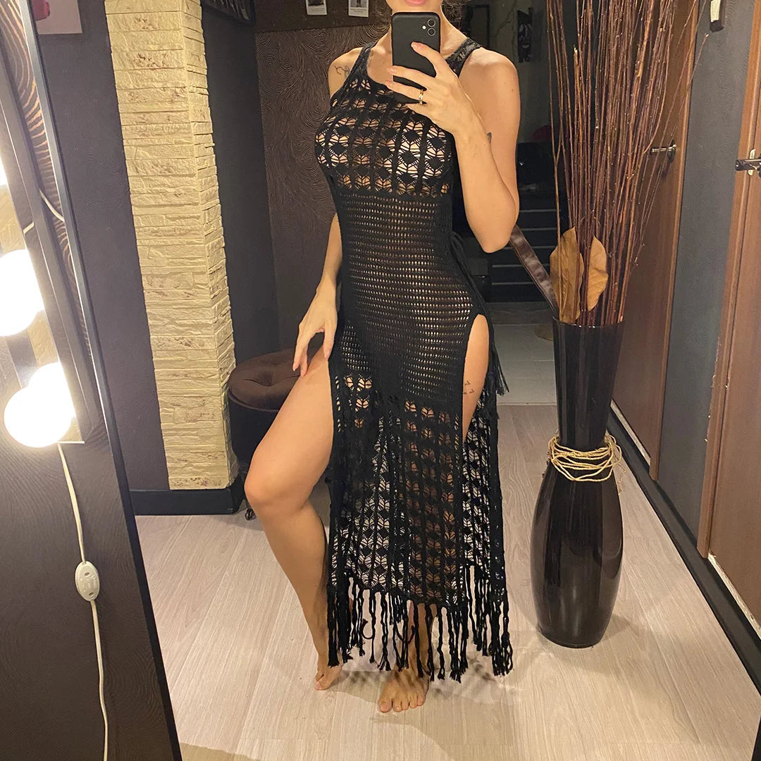 S-XL Sexy Hollow Out Fringe Tassel Knitted Crochet Tunic Beach Cover Up Cover-ups Beach Dress Beach Wear Beachwear Female V3800C