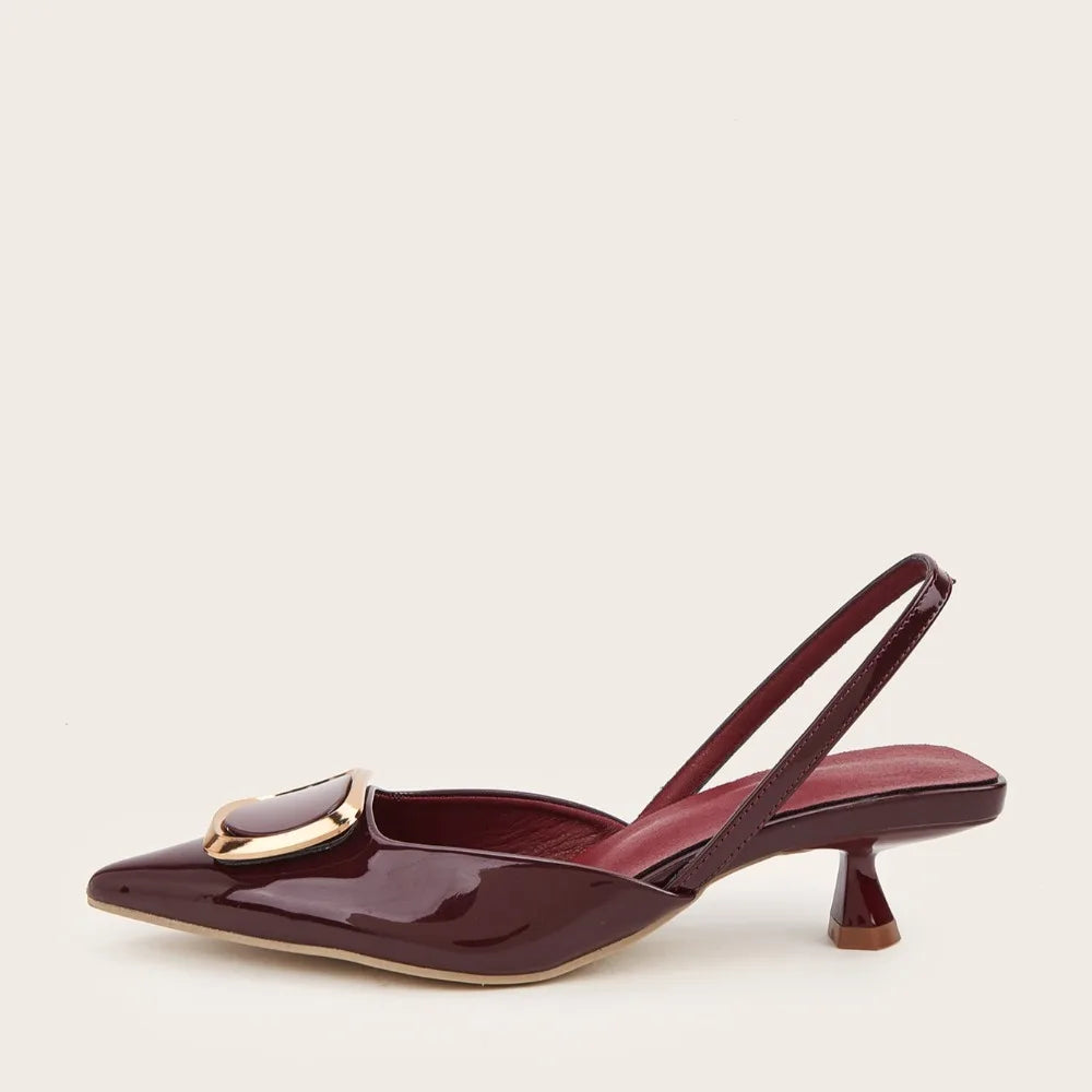 Large Size 35-43 Pointy Toe Burgundy Kitten Heels Slingback Women Summer Pumps Elegant Square Buckle Sandal OL Office Lady Shoes
