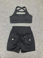 Seamless Yoga Sets Sports Fitness Peach Hip-lifting Pocket Shorts Cross Beauty Back Vest Suits Workout Gym Shorts Sets for Women