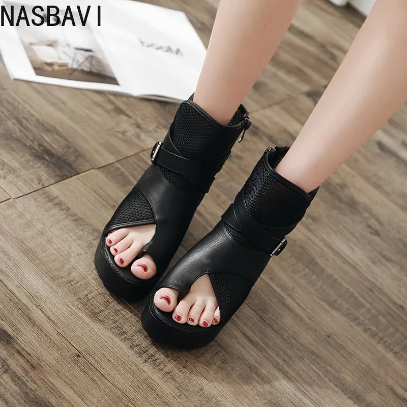 2026 Sexy Black Women Wedge Platform Sandals Summer Ladies Cool Boots Zipper Open Toe Sandalias Breathable Female Roman Shoes