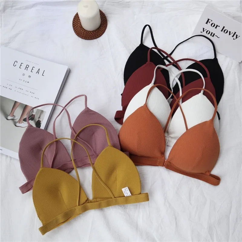 Front Closure Bra Deep V Bras For Women Thin Cross Straps Wire Free Brassiere Pdded Bralette Women's Underwear Sexy Lingerie