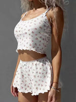 Y2K Cute Ditsy Floral Pajama Set Womens Ribbed Knit Cami Crop Top and Ruffle Shorts Two Piece Loungewear Lace Trim Sleepwear New