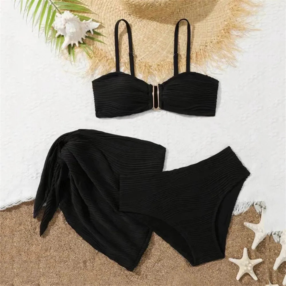 Beige Texture Solid Swimwears 3 Piece Bikini Set Cover Ups U Shapped Sexy Swimsuit Women 2026 Bathing Suit High Waist Bikinis