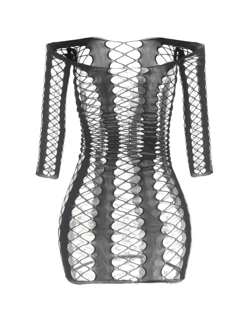 Women Sexy Fishnet Long Sleeve Cover Up, Sheer Bodycon Sleepwear See Through Beachwear Without Bikini