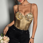 Shiny Sequins Silver Patchwork Bodysuit Women PU Leather Fishbone Rompers Hanging Neck Underwired Slimming Bodycon Bodysuit