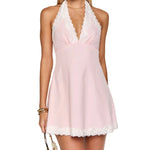Women's Lace Trim Halter Mini Dress Sleeveless Deep V Neck Solid Color/Dots Print Party Club Dress