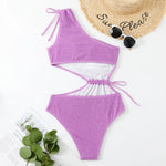 One Shoulder Women's Swimsuit One Piece Cut Out Sexy Swimwear Women 2022 Textured Monokini Solid Bathing Suit Beach Wear Purple