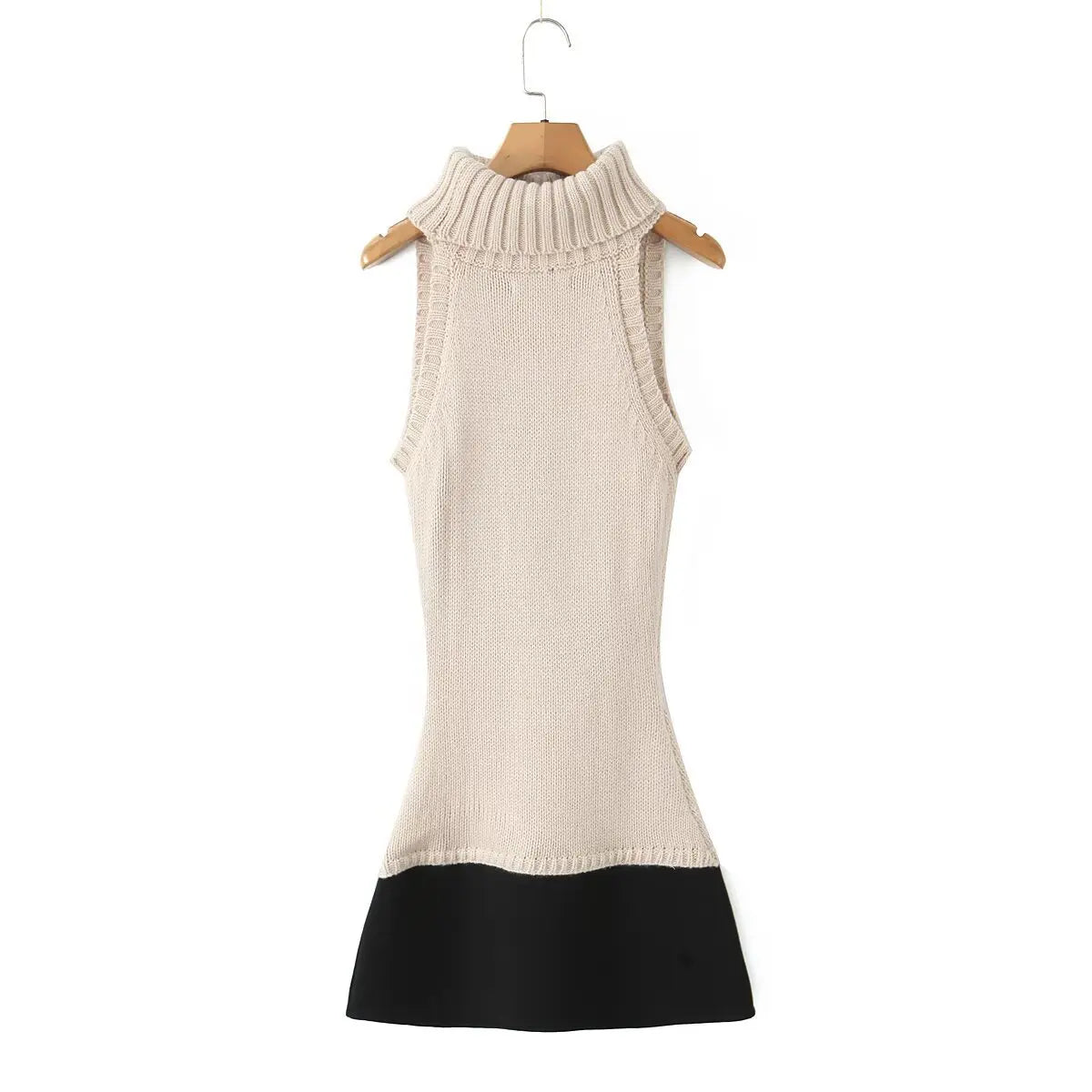 Women's Fashion Patchwork Knitted Dress Knit Sleeveless Dress Bodycon Fit With Contrast Black Hem Cozy Winter Mini Dress CR01