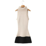 Women's Fashion Patchwork Knitted Dress Knit Sleeveless Dress Bodycon Fit With Contrast Black Hem Cozy Winter Mini Dress CR01