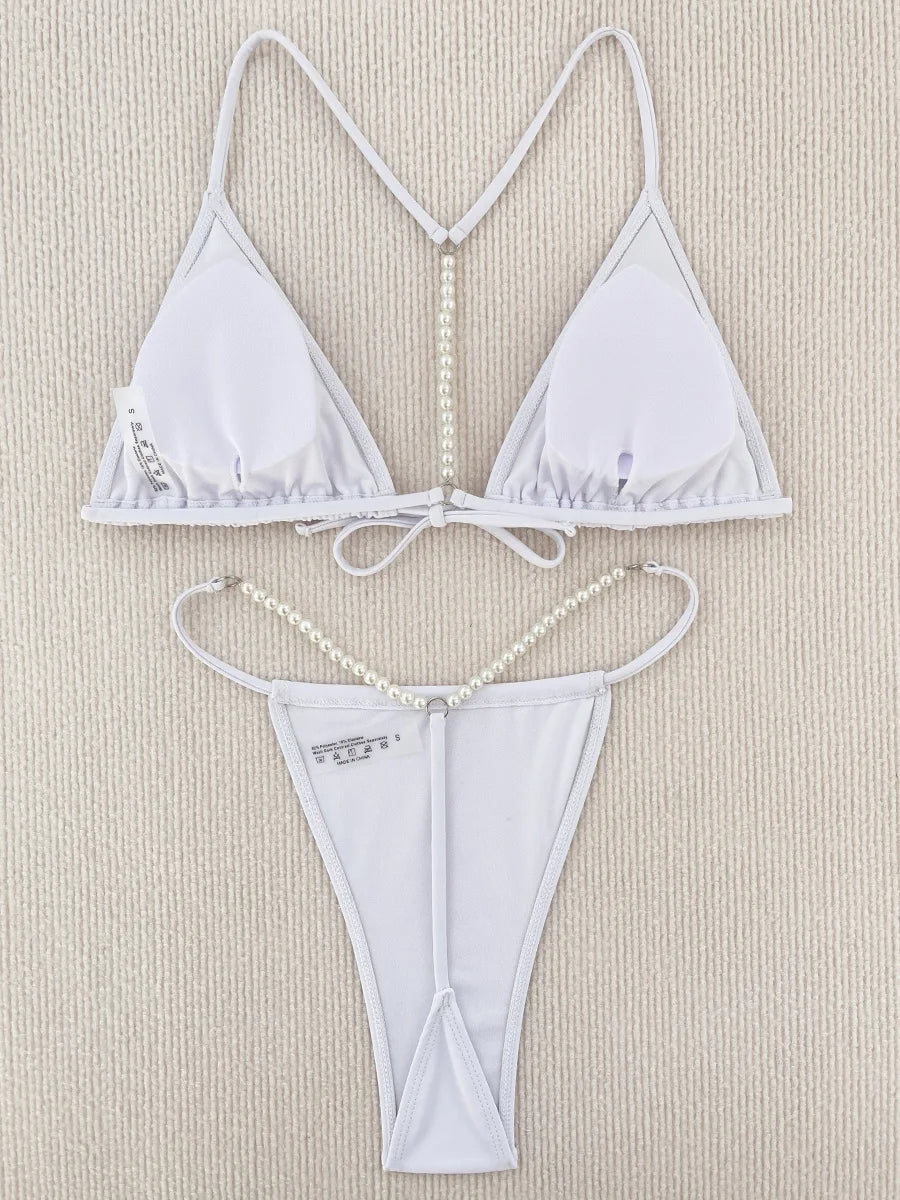 Sexy Pearl Bikinis Extreme Mini Micro String Bikini Female Swimsuit Women Thong Swimwear Two-pieces Bikini Set Bathing Suit Swim