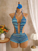Sexy Hot Pink Knitted Striped Swimsuit 2026 Women Metal Circle Patchwork Hollow Backless Beach Bathing Suit One Piece Swimwear