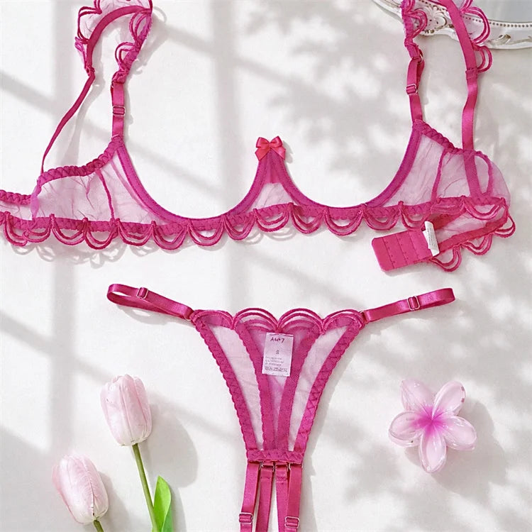 Sexy Women Bra Set Rose Red Mesh Lingerie Three-point Intimate Underwear Bow Underwire Bralette Crotchless Thong Lingerie Set