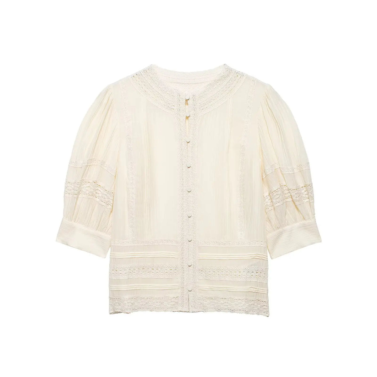 Women's Fashion Lace Romantic Style Shirt Women White Lace Trim Puff Sleeve Neck Button Front Casual Shirt For Daily Wear RJWE