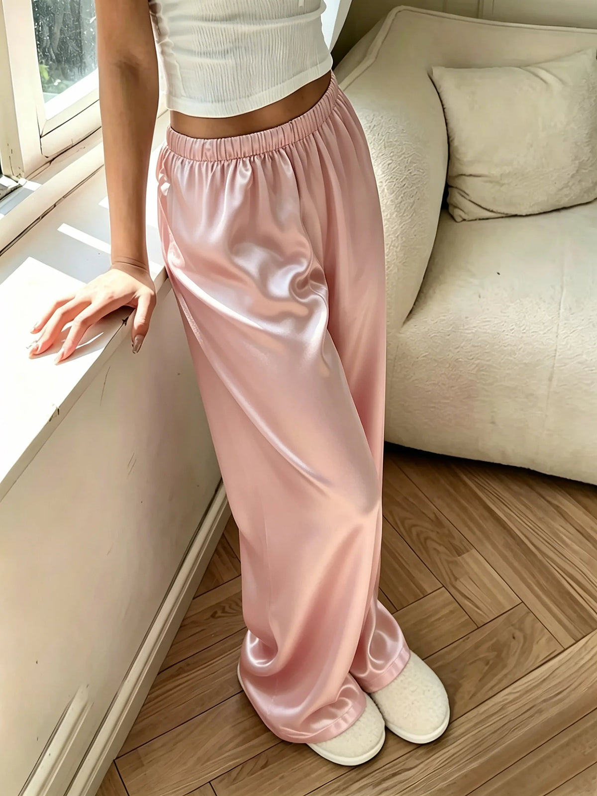 Women Fashion Pajama Pants Elastic Waist Loose TrousersSolid Casual Home Loungewear Sleep Bottoms