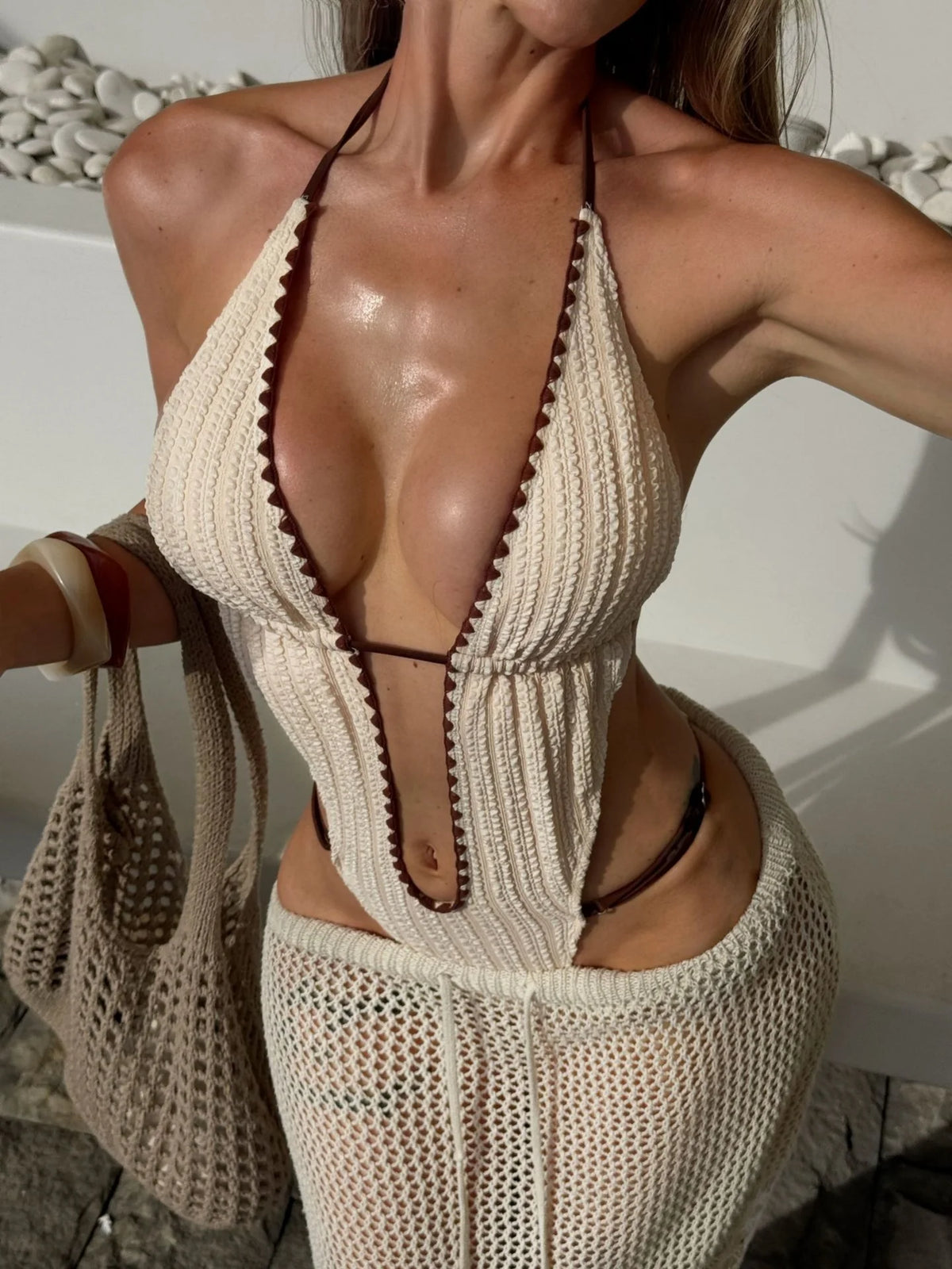 Sexy Beige Contrast One Piece Swimwear Women Deep V Neck Hollow Out Bakcless Thong Bikini Beach Bathing Suit Swimsuit 2026