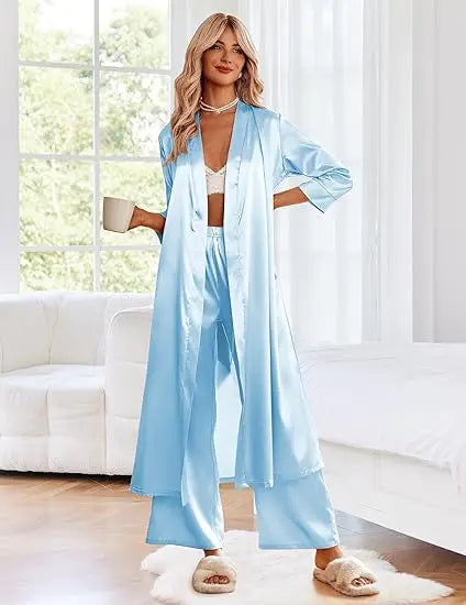 Women's Satin Robe Belted Elegant Solid Color Silky Comfort Bathrobe Loungewear