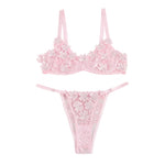 Blue Floral Lace Mesh Bra and Panties Set for Women Push Up Underwire Adjustable Straps Daily Sleepwear Romantic Fancy Lingerie