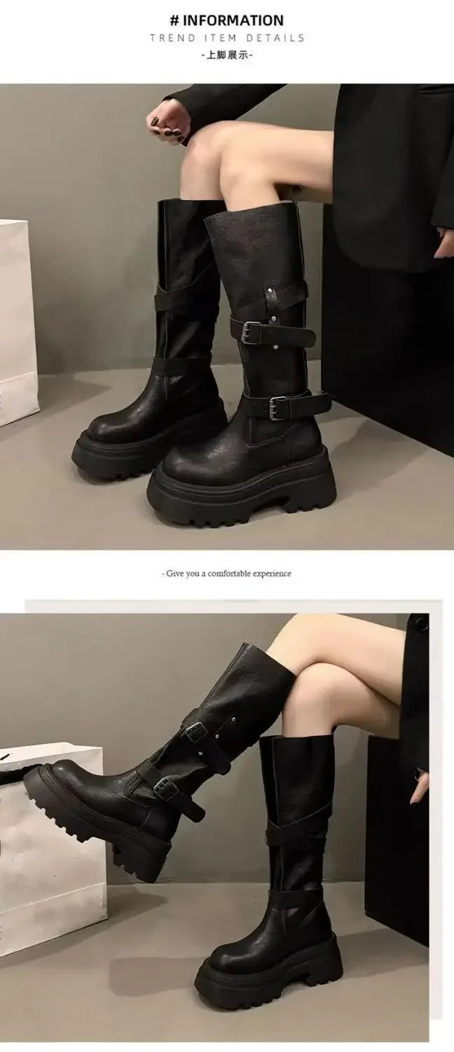 2026 New Vintage Thick Bottom Woman Knee High Boots Fashion Belt Buckle Zippers Shoes Female Knight Long Booties Shoes