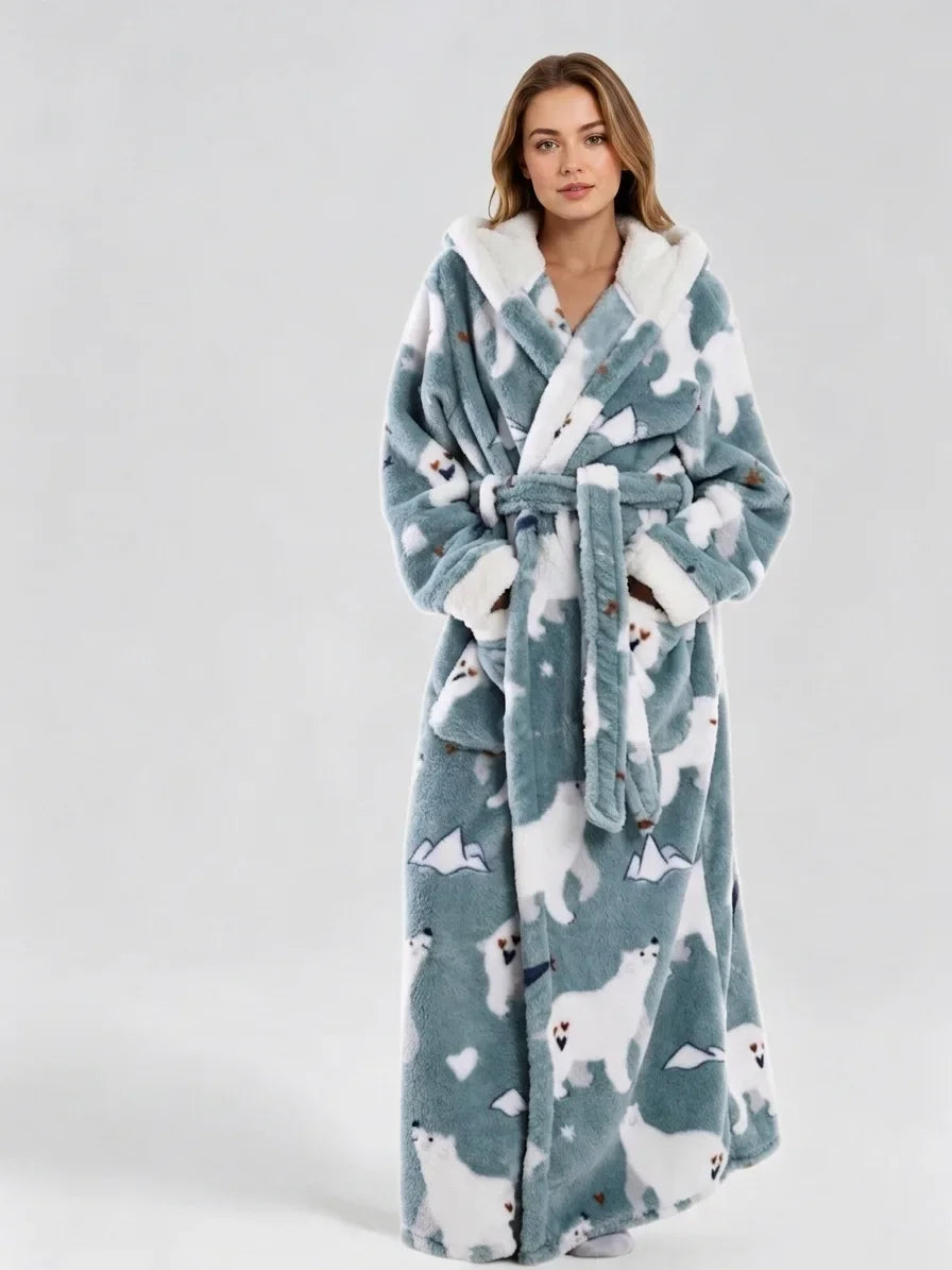 Winter Hooded Flannel Bath RobeCouples Loose Fit Animal Fruit Multi Print Long Loungewear Robe with Belt Double Side Pockets