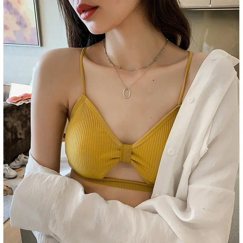 Front Hollow Out Ribbed Bralette Criss Cross Back Thin Straps Removable Chest Pads Wireless Bra Breathable Daily Underwear