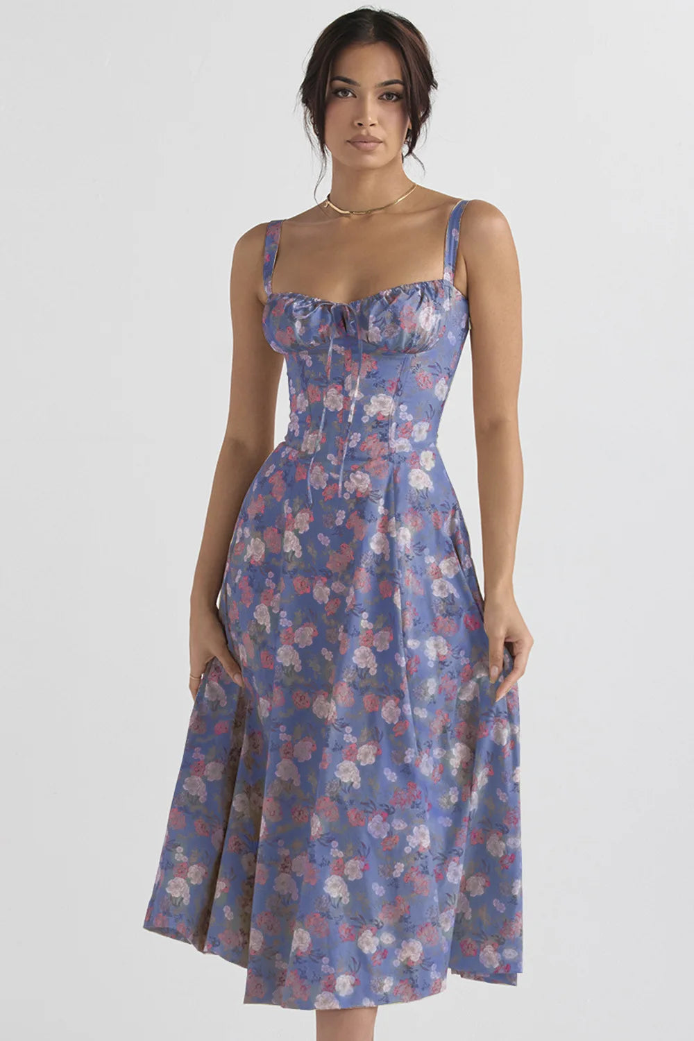 Sexy Low Cut Spaghetti Strap Maxi Dresses For Women Color Flower Printed Chest Wrap Bowknot Leace-up Long Dress Elegant Vestidos