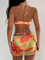 3D Flowers with Mesh Skirt Halter Bandeau Bikini Women Swimsuit Female Swimwear Three-pieces Bikini Set Bathing Suit Beachwear