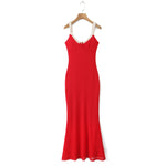 V Neck Spaghetti Strap Red Party Women's Dress Flower Decor Elegant Sleeveless Bodycon Maxi Vestidos 2025 Beach Casual Long Robe