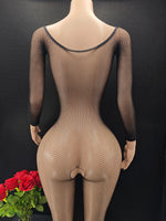Women Fishnet Bodystocking Long Sleeve Sheer Mesh One Piece Bodysuit Stockings Black Stretch Jumpsuit Nightwear