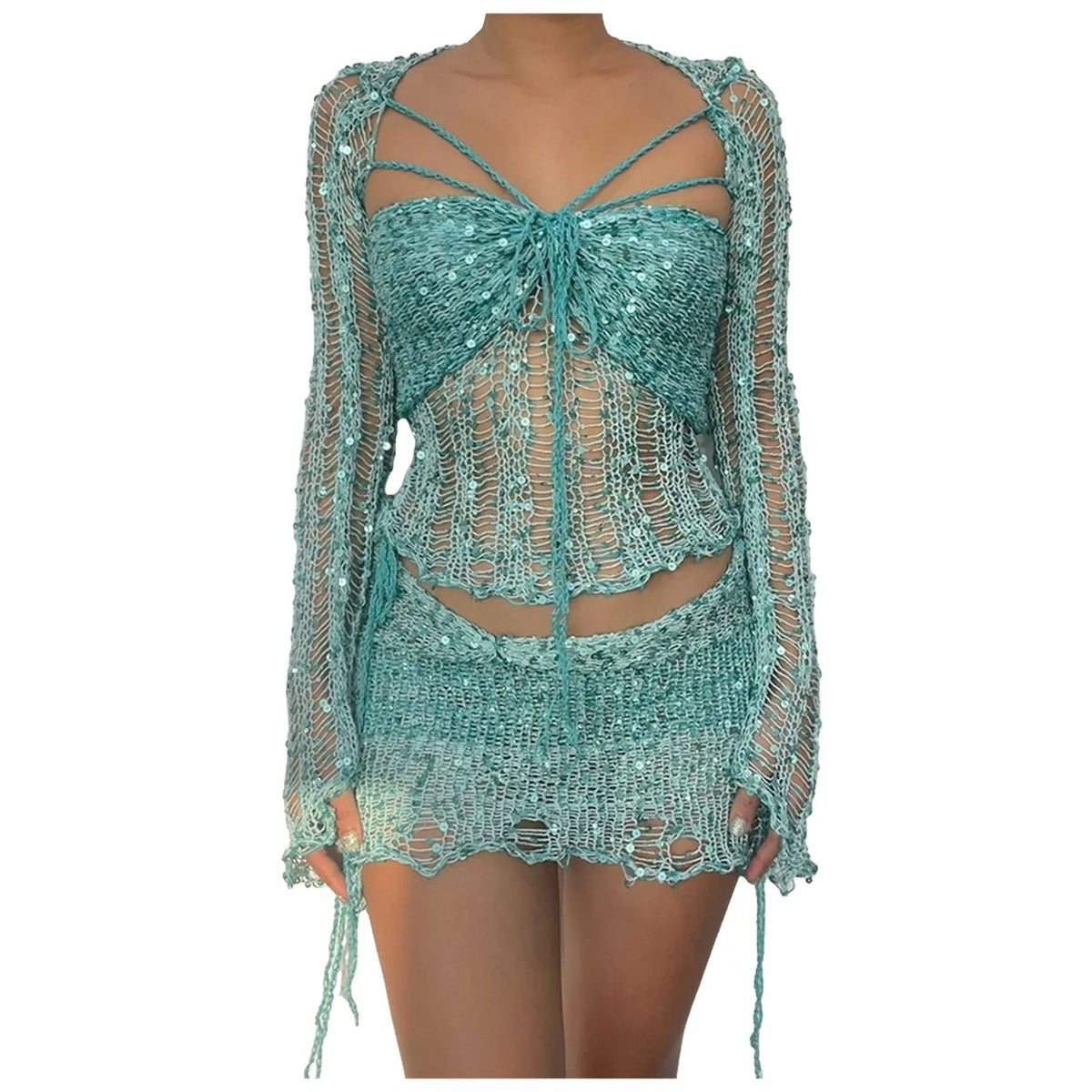 Glitter Sequins Knitted Skirt Sets Women Fashion Hollow Sequins Bandage Tube Top Mini Skirts 3 Piece Outfit Vacation Clothing