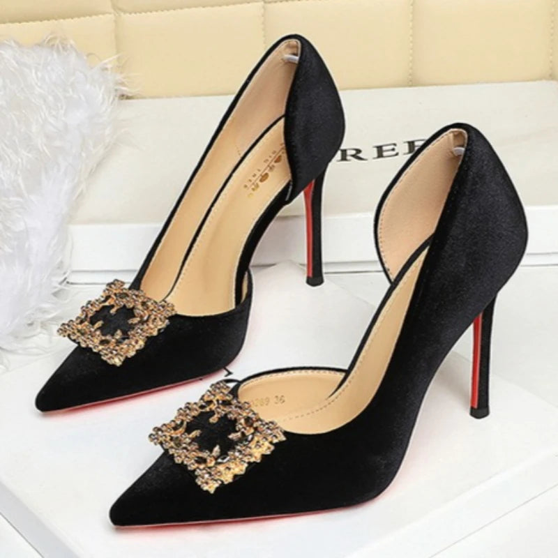 Women 10cm Super High Heels Pointed Toe Side Hollow Work Pumps Metal Crystal Buckle Velvet Stiletto Fashion Banquet Lady Shoes