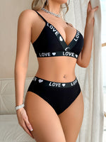 1 to 3-Piece Set Cotton Women's Underwear Set Rib Letter Print Removable Inner Wireless Push up Bra Soft Sexy Women's Underwear