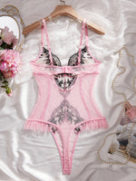 Pink Lace Embroidery Jumpsuit with Black Floral Lace Paneling High-Waist Triangle Pant Design Romantic French Sexy Underwear